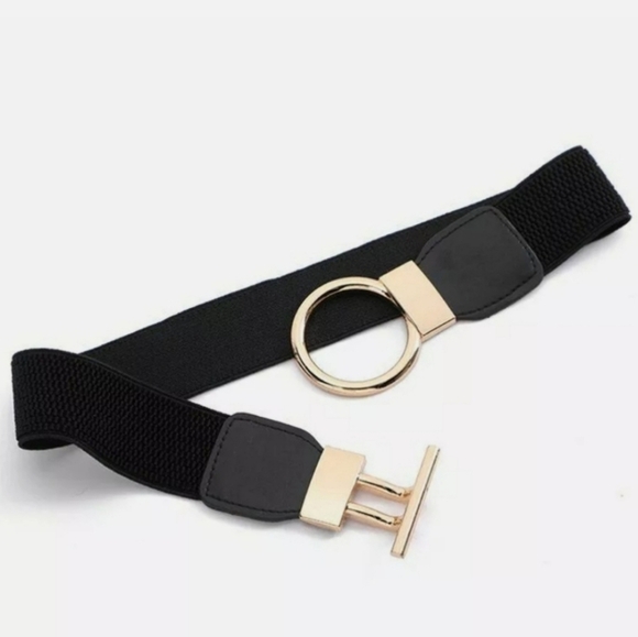 Plus size gold tone black stretch elastic toggle buckle minimalist dress - Picture 3 of 10